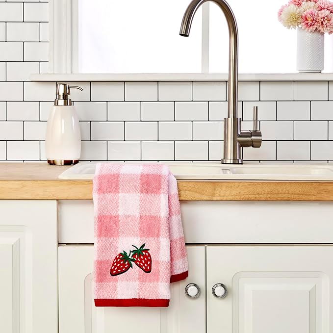 SKL Home Buffalo Plaid Strawberry Hand Towel Set-2pc, 100% Cotton, Pink | Plush & absorbent terry. For use in the bathroom, kitchen or bar. Great for spring, summer & year-round décor.