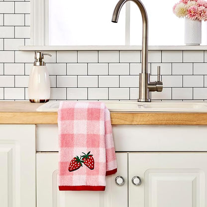 SKL Home Buffalo Plaid Strawberry Hand Towel Set-2pc, 100% Cotton, Pink | Plush & absorbent terry. For use in the bathroom, kitchen or bar. Great for spring, summer & year-round décor.