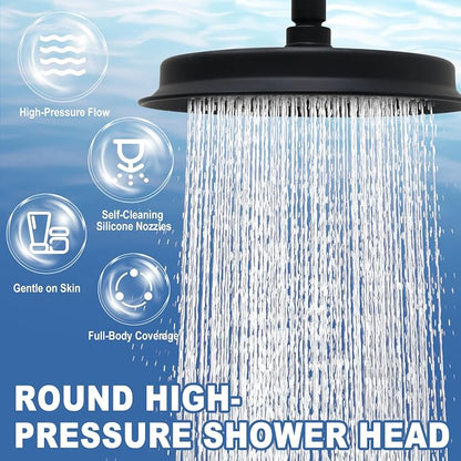 Matte Black 9 Inch Round Rain Shower Head, High Pressure Rainfall Showerhead Vintage Thickness Stainless Steel Shower Heads with Silicone Nozzle - Bath Modern Flexible Overhead