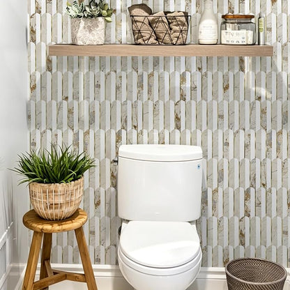 Vamos Tile Peel and Stick Backsplash, Fish Scale, Glossy, 10 pcs | 11.9''x10.8'',White & Pandora PVC+Light Gold Stick on Backsplash Tile for Kitchen & Bathroom & Laundry & Camper