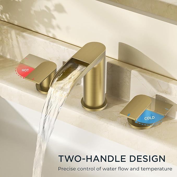 FORIOUS Gold Bathroom Faucet, Waterfall Bathroom Faucet for Sink 3 Hole with Easy Install Pop-Up Drain and Water Supply, 8 Inch Widespread for Vanity, Camper,Restroom