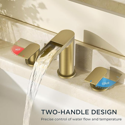 FORIOUS Gold Bathroom Faucet, Waterfall Bathroom Faucet for Sink 3 Hole with Easy Install Pop-Up Drain and Water Supply, 8 Inch Widespread for Vanity, Camper,Restroom
