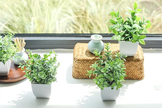 Der Rose 4 Pack 7" Mini Fake Plants, Artificial Plants for Bathroom Decor | Frosted eucalyptus look, easy-care artificial greenery, for desk shelf windowsill office tabletop dorm and classroom decor