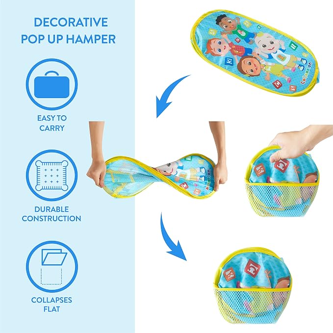 Cocomelon Pop-Up Hamper with Durable Carry Handles, Kids Laundry & Room Storage Organizer, 21”H x 13.5”W x 13.5”L