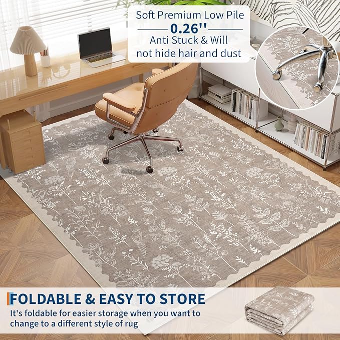 GarveeHome Washable 5x7 Rugs for Living Room Floral Scalloped Bedroom Area Rug, Non-Slip Dining Table Solid Neutral Throw Mat, Botanical Area Rug Carpet for Entry Basement Dorm Farmhouse, Taupe