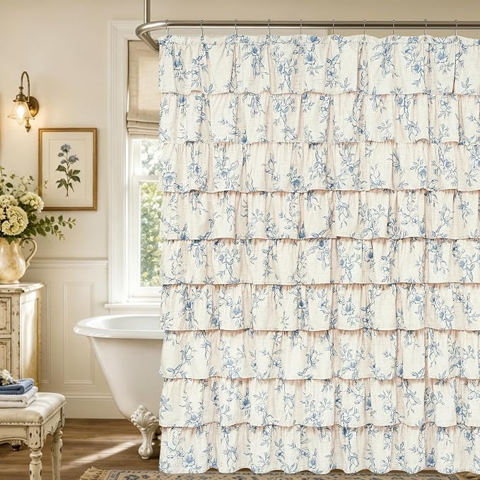 Extra Long Farmhouse Ruffle Shower Curtains with Blue Floral, 72"Wx90"L | French Country Vintage Rustic Washable Waterproof Shower Curtain for Bathroom Bathtub, 12 Metal Hooks