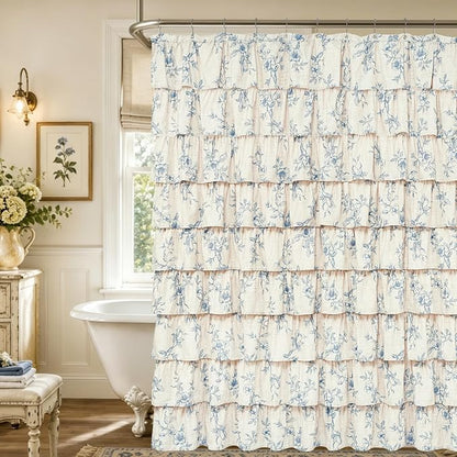 Extra Long Farmhouse Ruffle Shower Curtains with Blue Floral, 72"Wx90"L | French Country Vintage Rustic Washable Waterproof Shower Curtain for Bathroom Bathtub, 12 Metal Hooks