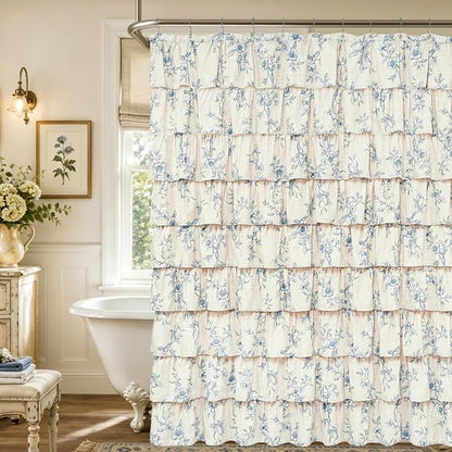 Extra Long Farmhouse Ruffle Shower Curtains with Blue Floral, 72"Wx84"L | French Country Vintage Rustic Washable Waterproof Shower Curtain for Bathroom Bathtub, 12 Metal Hooks