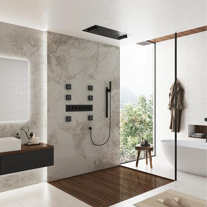 CASAINC 35x16 Inch Thermostatic Shower System Luxury 6 Functions Full Body Shower System, Multifunctional Shower Jets System with Sliding Rod 2 in 1 Handheld, LED & Music (Matte Black)
