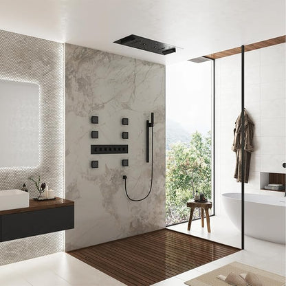 CASAINC 35x16 Inch Thermostatic Shower System Luxury 6 Functions Full Body Shower System, Multifunctional Shower Jets System with Sliding Rod 2 in 1 Handheld, LED & Music (Matte Black)