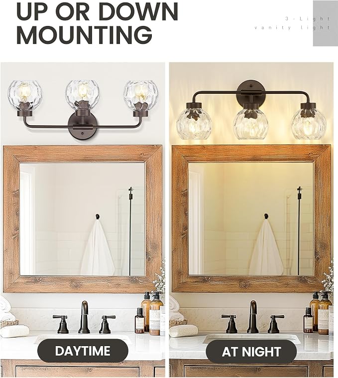 zeyu 3-Light Farmhouse Vanity Light, 23 inch Bathroom Light Fixtures with Water Ripple Globe Glass, Oil Rubbed Bronze Finish, ZS62BG-3W ORB-WG