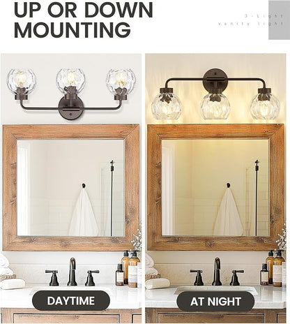 zeyu 3-Light Farmhouse Vanity Light, 23 inch Bathroom Light Fixtures with Water Ripple Globe Glass, Oil Rubbed Bronze Finish, ZS62BG-3W ORB-WG