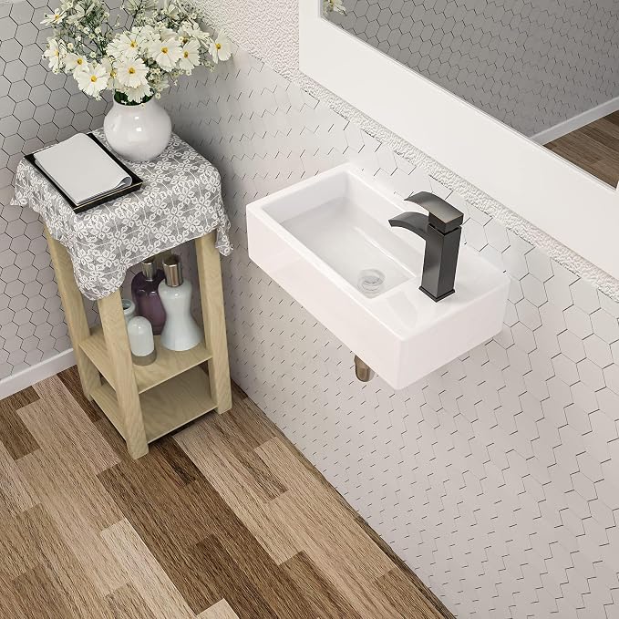 Dcolora 18x10 Inch Floating Vessel Sink, Small Wall Mounted Right Hand Bathroom Sink, White Ceramic Porcelain Rectangle Basin for Bathroom