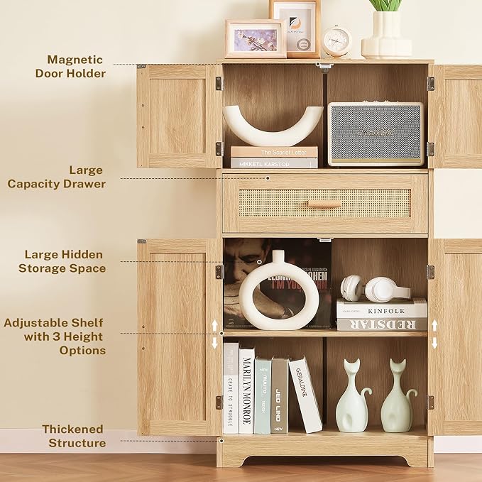 TEENFON 47.2" H Tall Storage Cabinet with Adjustable Shelf, Rattan Cabinet, Cupboard for Living Room, Dining Room, Entryway, Home Office, Natural