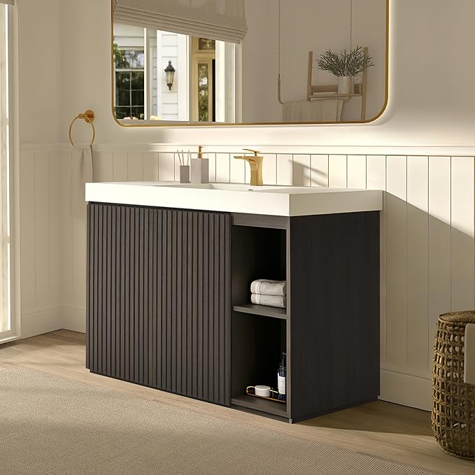 48" Bathroom Vanity with Sink, Freestanding Single Sink Bathroom Vanity with White Engineered Stone Top & Open Side Storage, Soft-Closing Doors with Adjustable Shelf, Smoked Oak Brown