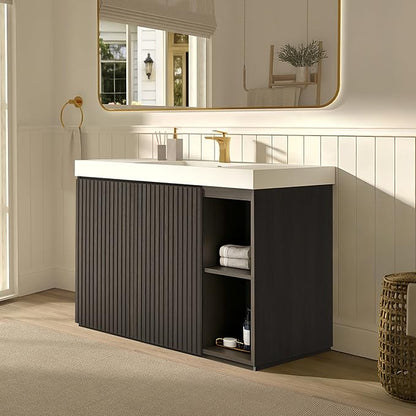 48" Bathroom Vanity with Sink, Freestanding Single Sink Bathroom Vanity with White Engineered Stone Top & Open Side Storage, Soft-Closing Doors with Adjustable Shelf, Smoked Oak Brown