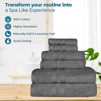 Superior Ultra-Soft 6-Piece Cotton Towel Set, Includes 2 Bath Towels, 2 Hand Towels, and 2 Washcloths for Bathroom, Guest Room, Quick Dry, Daily Use Home Essential Towels - Charcoal
