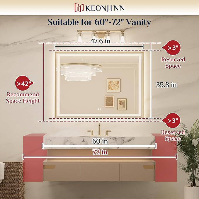 Keonjinn 48x36 Inch Gold LED Bathroom Mirror with Lights, Beveled Edge | Frontlit & Backlit, Lighted Bathroom Mirror, HD Tempered Glass, 3 Color Temperatures, Anti-fog, Stepless Dimmable
