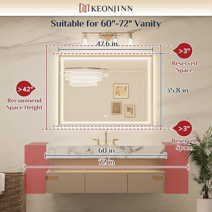 Keonjinn 48x36 Inch Gold LED Bathroom Mirror with Lights, Beveled Edge | Frontlit & Backlit, Lighted Bathroom Mirror, HD Tempered Glass, 3 Color Temperatures, Anti-fog, Stepless Dimmable
