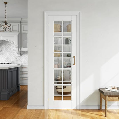 SMARTSTANDARD 24" x 80" Clear Glass French Interior Solid Core Door Slab | 10-Lite Glass Pantry Door for Bathroom Laundry Pocket, Pre-Assembled Panel without Hardware, White Primed