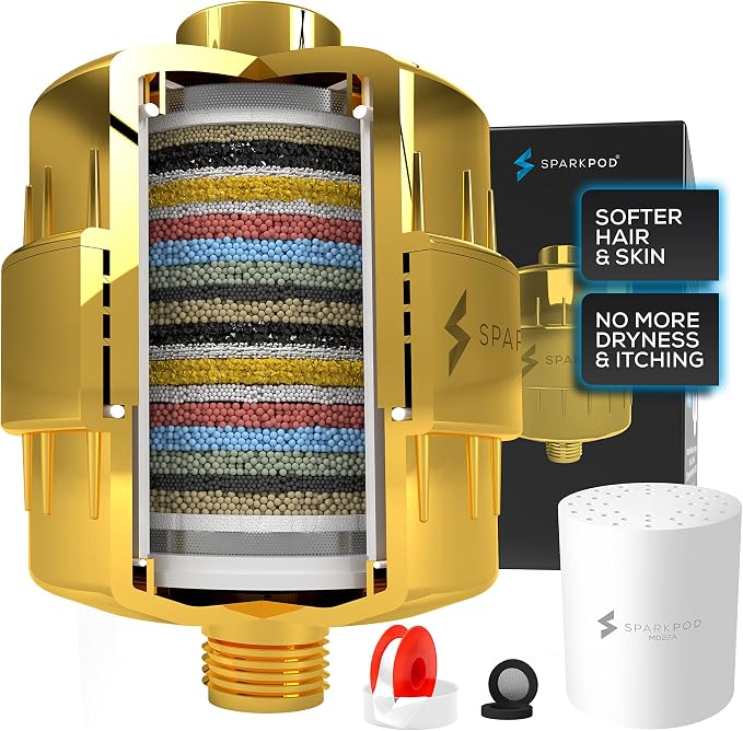 SparkPod 23-Stage Shower Head Filter for Showerheads, Egyptian Gold | Removes Chlorine & Heavy Metals, Helps Improve Hard Water, with Activated Carbon and KDF-55 Layers, High Output