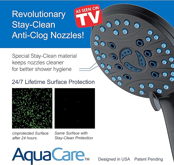 Hotel Spa AquaCare High Pressure 8-mode Handheld Shower Head, Anti-clog Nozzles - Built-in Power Wash to Clean Tub, Tile & Pets, Extra Long 6 ft. Stainless Steel Hose, Wall & Overhead Brackets | Stay Clean Nozzles, Dual Power Wash for Tub, Tile & Pets,...