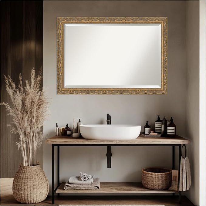Amanti Art Gold Bathroom Mirror for Over Sink, 28x40 Filigree Gold Rectangle Vanity Mirror, Large Traditional Frame, Hangs Horizonally and Vertically, Bathroom Wall Decor, Beveled Edge