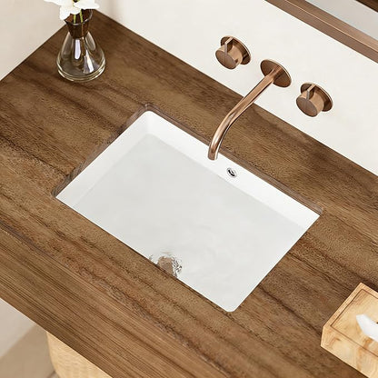 Undermount Bathroom Sink 21x15 Inch White Rectangle Porcelain Vessel Sinks with Curves Bottom Deep Basin with Overflow Lavatory Vanity Sink Mounted Under the Counter