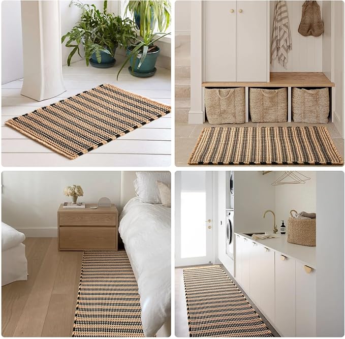 TYUU Waffle Runner Rug Bathroom, Long Boho Bath Mat, 72x24 Black & Khaki | Super Absorbent Quick Dry Bath Rug, Non-Slip Backing, Soft Waffle Washable Farmhouse Bathroom Mats, Tub, Shower & Home Decor