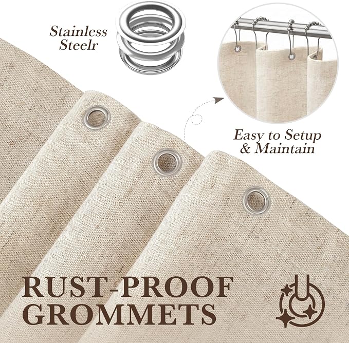 Seasonwood Beige Linen Shower Curtain Farmhouse Bathroom Decor 72x96 Inches | Boho Bathroom Decor,12 Sturdy Stainless Steel Sliding Hangers,Rustic Country Style,Linen Shower Curtains for Bathroom