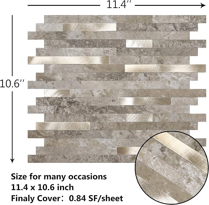 KASARO Peel and Stick Marble Backsplash Tile, 10 Sheets, Slate Marble with Vintage Silver Stripes, Self-Adhesive Wall Tile for Kitchen, Bathroom, Fireplace, RV (11.4” x 10.6”)