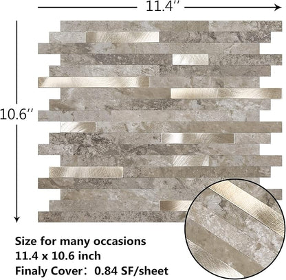KASARO Peel and Stick Marble Backsplash Tile, 10 Sheets, Slate Marble with Vintage Silver Stripes, Self-Adhesive Wall Tile for Kitchen, Bathroom, Fireplace, RV (11.4” x 10.6”)