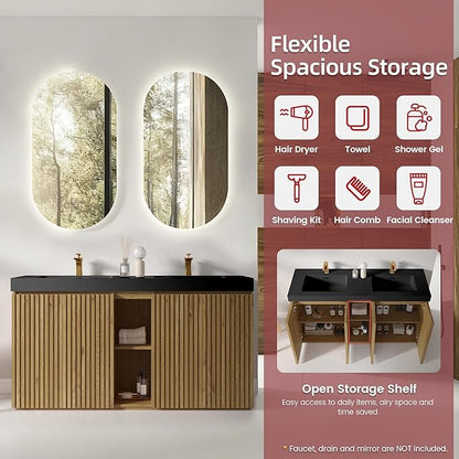 60" Bathroom Vanity with Double Sink, Freestanding Double Sink Bathroom Vanity with Black Engineered Stone Top, Open Storage Cabinet & Adjustable Shelf, 4 Soft-Closing Doors, Light Oak