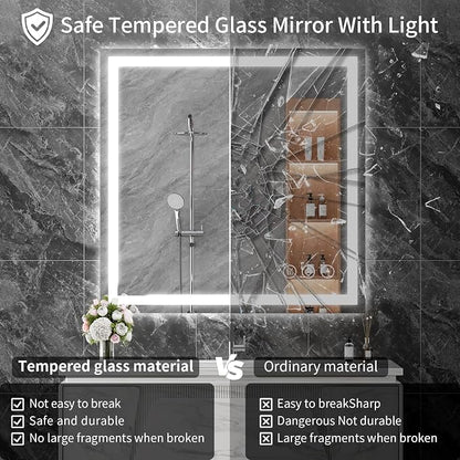 Koonmi 40x40 LED Bathroom Mirror, Shatterproof Mirror with Light | 90CRI Vanity Mirror with Anti-fog Backlit + Front Lit, 3 Color, Easy Install for Bathroom Hotel (IP65)