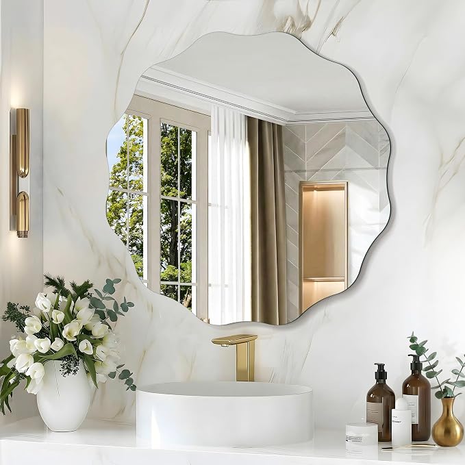 CILIBER Wavy Mirror for Wall, 24'' Scalloped Frameless Round Mirror, 3mm Tempered Glass Decorative Bathroom Vanity Mirror, Mounting/Leaning for Mantel, Living Room, Bedroom and Entryway