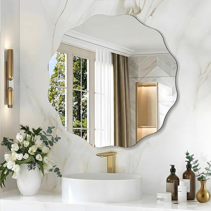 CILIBER Wavy Mirror for Wall, 24'' Scalloped Frameless Round Mirror, 3mm Tempered Glass Decorative Bathroom Vanity Mirror, Mounting/Leaning for Mantel, Living Room, Bedroom and Entryway