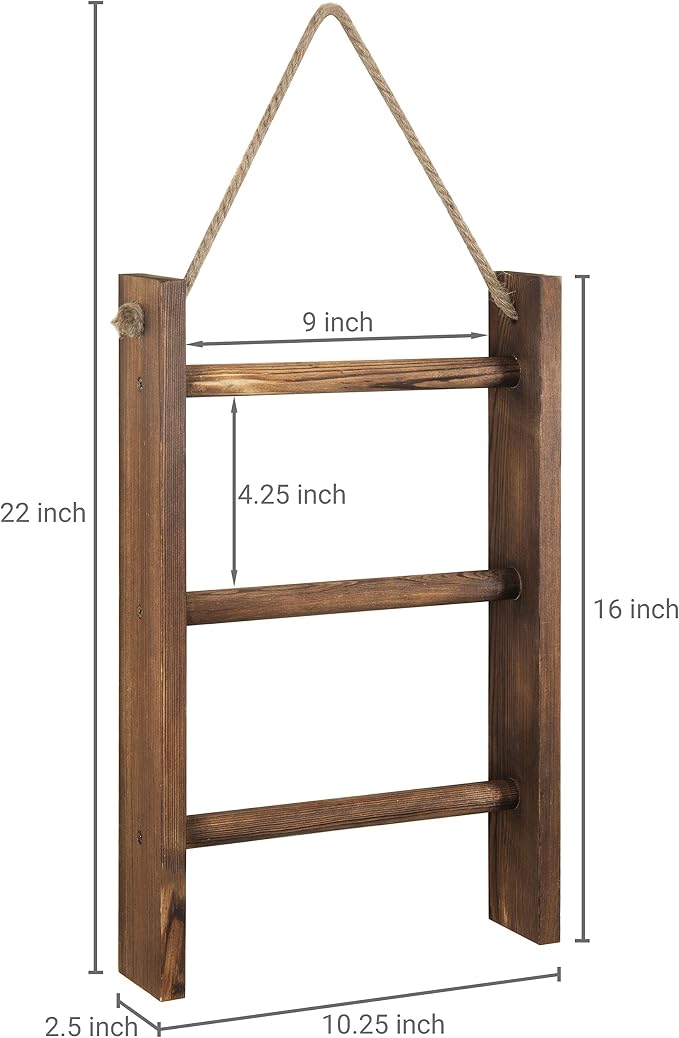 MyGift Dark Brown Wood Wall Mounted 3 Tier Hand Towel Ladder Rack | Top Rope for Easy Hanging, Vertical Storage for Guest Towels, Washcloths, Blankets & Decorative Throws