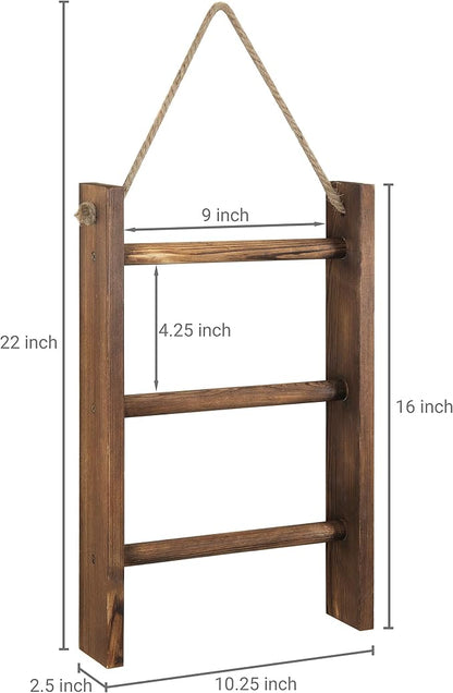 MyGift Dark Brown Wood Wall Mounted 3 Tier Hand Towel Ladder Rack | Top Rope for Easy Hanging, Vertical Storage for Guest Towels, Washcloths, Blankets & Decorative Throws