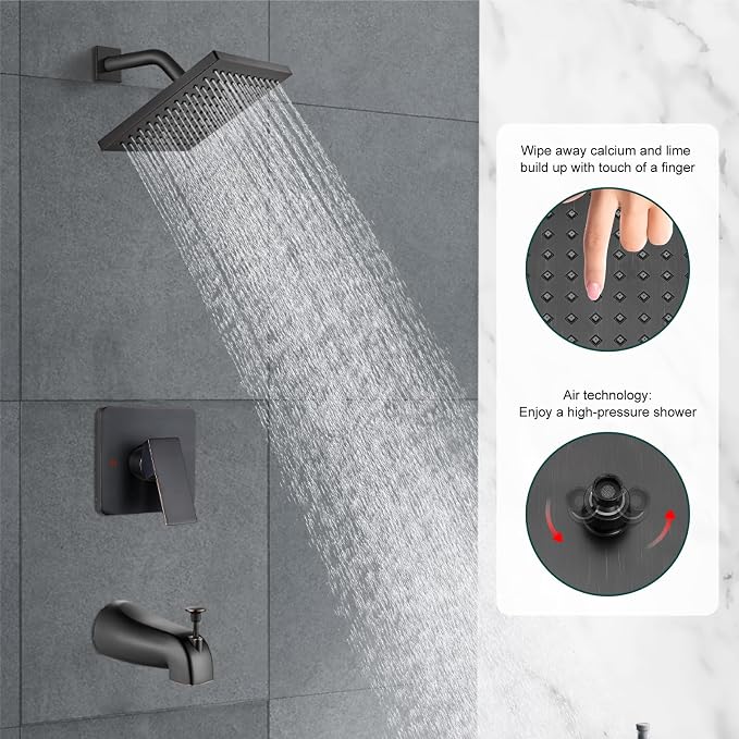 Heyalan 8 Inch Shower Faucet Set with Tub Spout and Valve,Oil Rubbed Bronze | 8-inch square rainfall head, tub spout with diverter, male-thread rough-in valve, single-handle control and wall-mount design