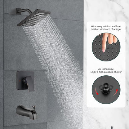 Heyalan 8 Inch Shower Faucet Set with Tub Spout and Valve,Oil Rubbed Bronze | 8-inch square rainfall head, tub spout with diverter, male-thread rough-in valve, single-handle control and wall-mount design