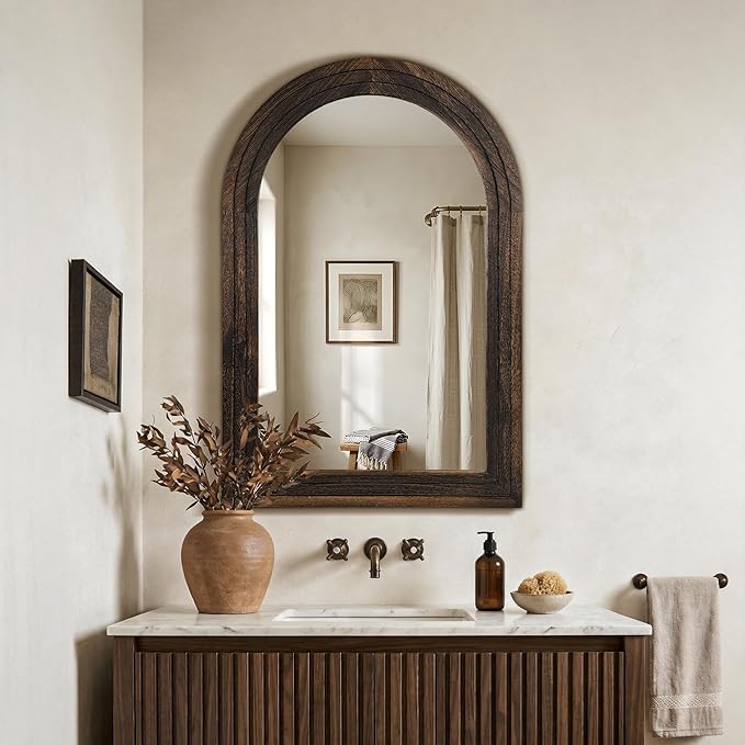 Arched Bathroom Mirror, 36"x24" Brown Wood Frame Wall Mirror | Farmhouse Vintage Vanity Mirror with Layered Frame for Entryway, Living Room, Bedroom
