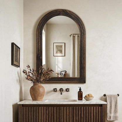 Arched Bathroom Mirror, 36"x24" Brown Wood Frame Wall Mirror | Farmhouse Vintage Vanity Mirror with Layered Frame for Entryway, Living Room, Bedroom