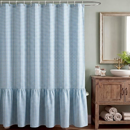 HunnmingRe Ruffle Hem Gingham Shower Curtain Light Blue | 72'' x 72'' Vintage Farmhouse Curtain, Cotton Cottage Core Rural Checkered Plaid Decor, Fall Shower Curtain for Bathroom