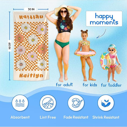 JML Personalized Beach Towel with Name, Custom Flower Beach Towel, Customized Microfiber Pool Towel, Quick Dry & Absorbent Swim Towel for Adult,Anniversary, Birthday, Summer Holiday,Vacation