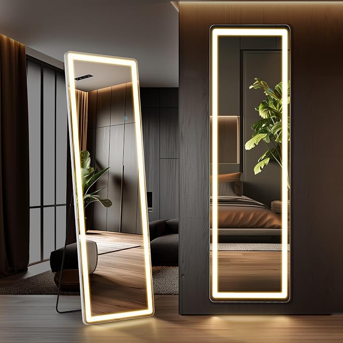 DUMOS 16" x 60" LED Full Length Mirror with Lights, Lighted Floor Full Body Mirrors with 3 Color Lighting, Wall Mounted Stand Mirror for Bedroom, Dressing Room, Living Room, Bathroom
