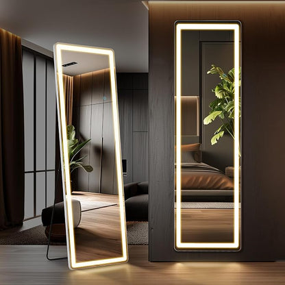 DUMOS 16" x 60" LED Full Length Mirror with Lights, Lighted Floor Full Body Mirrors with 3 Color Lighting, Wall Mounted Stand Mirror for Bedroom, Dressing Room, Living Room, Bathroom