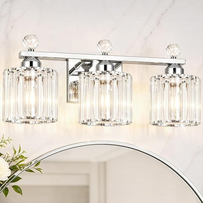 Lxybcce Modern Crystal Bathroom Vanity Light, 3-Lights Bathroom Light Fixtures, 19.34In Chrome Vanity Light Fixtures Over Mirror, Easy Installation & Dimmable Lighting