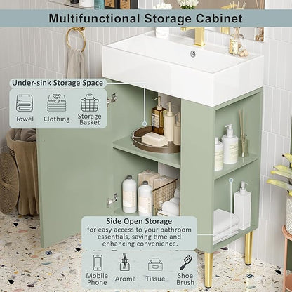 21.6 in Small Bathroom Vanity with Sink,Doors and Storage Shelves,Wood Modern Single Fluted Bathroom Sink Cabinet Freestanding (Green,Right Shelf)