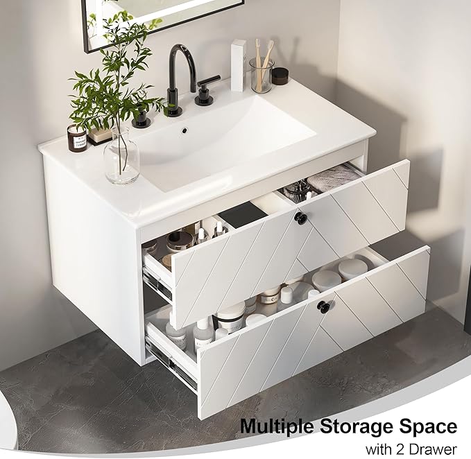 Floating Vanity with Sink 30", Bathroom Vanities Cabinet with White Ceramic Sink, 2 Large Storage Drawers with Soft-Close System, Wall Mounted, Easy Cleaning
