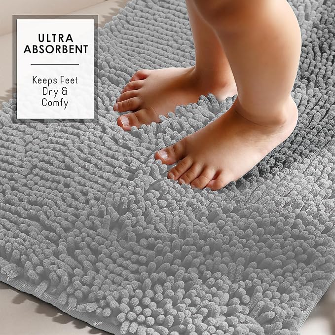 Hearth & Harbor Bathroom Rugs, Chenille Bath Mat - Machine Washable Bath Mats for Bathroom Non-Slip Backing Rubber, Quick Dry Mat - Silver Bath Rug, 17x24-26x44-20x24
